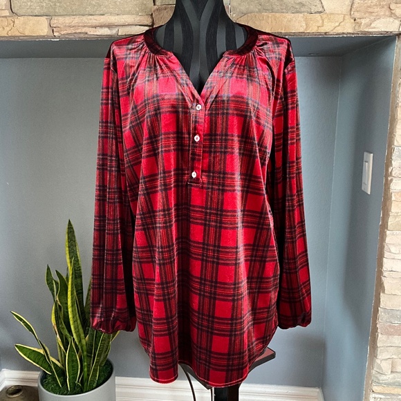 Intro Stretch Velvet Oversized Tartan Plaid Henley Top Holiday Comfy Red Black L - Picture 1 of 11